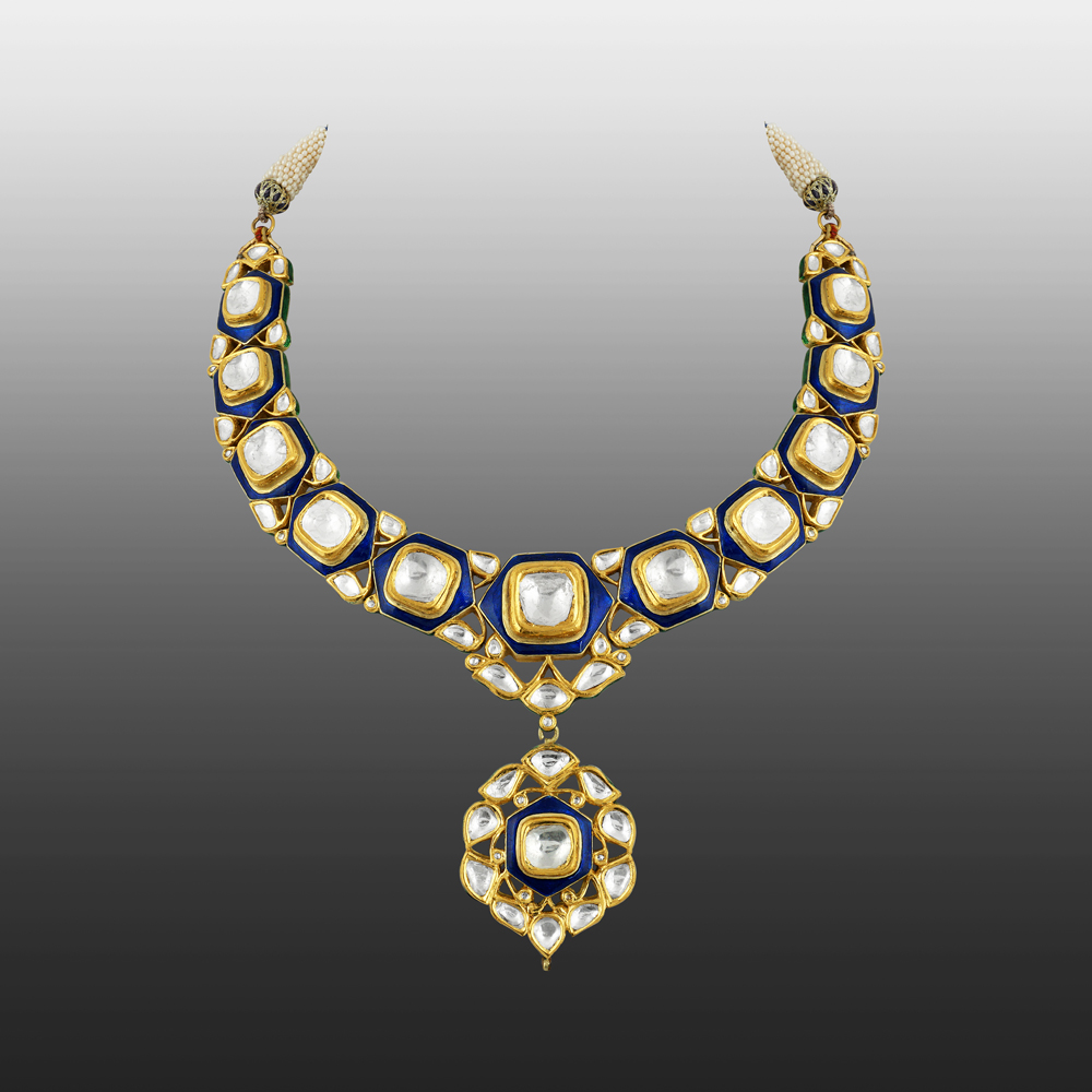 Polki Necklace with Blue Enamel and Central Polki Pendant